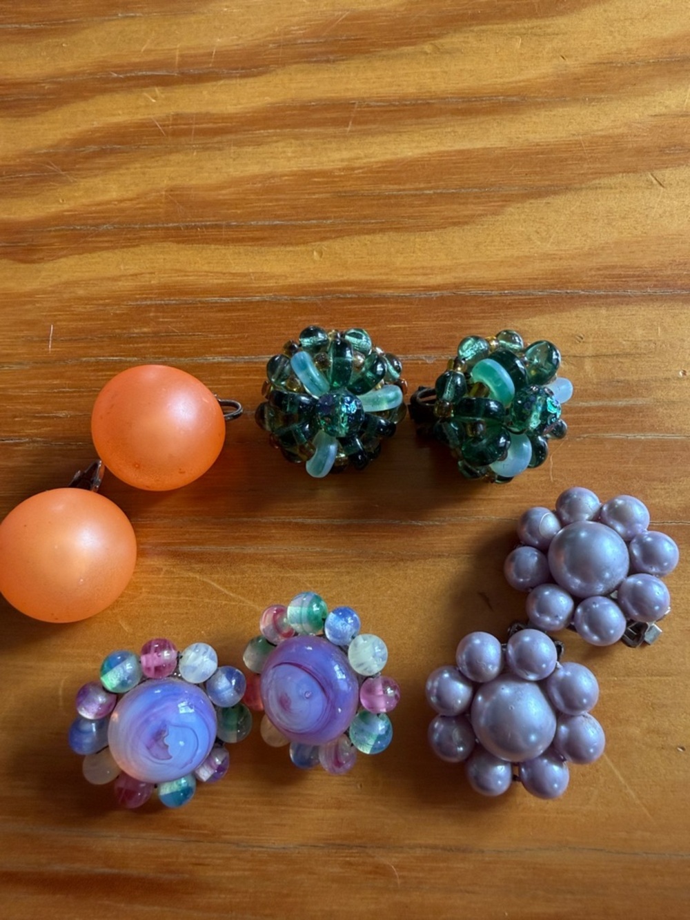Vintage Assorted Beaded Clip-On Earrings - Orange, Green, Purple, Multicolor